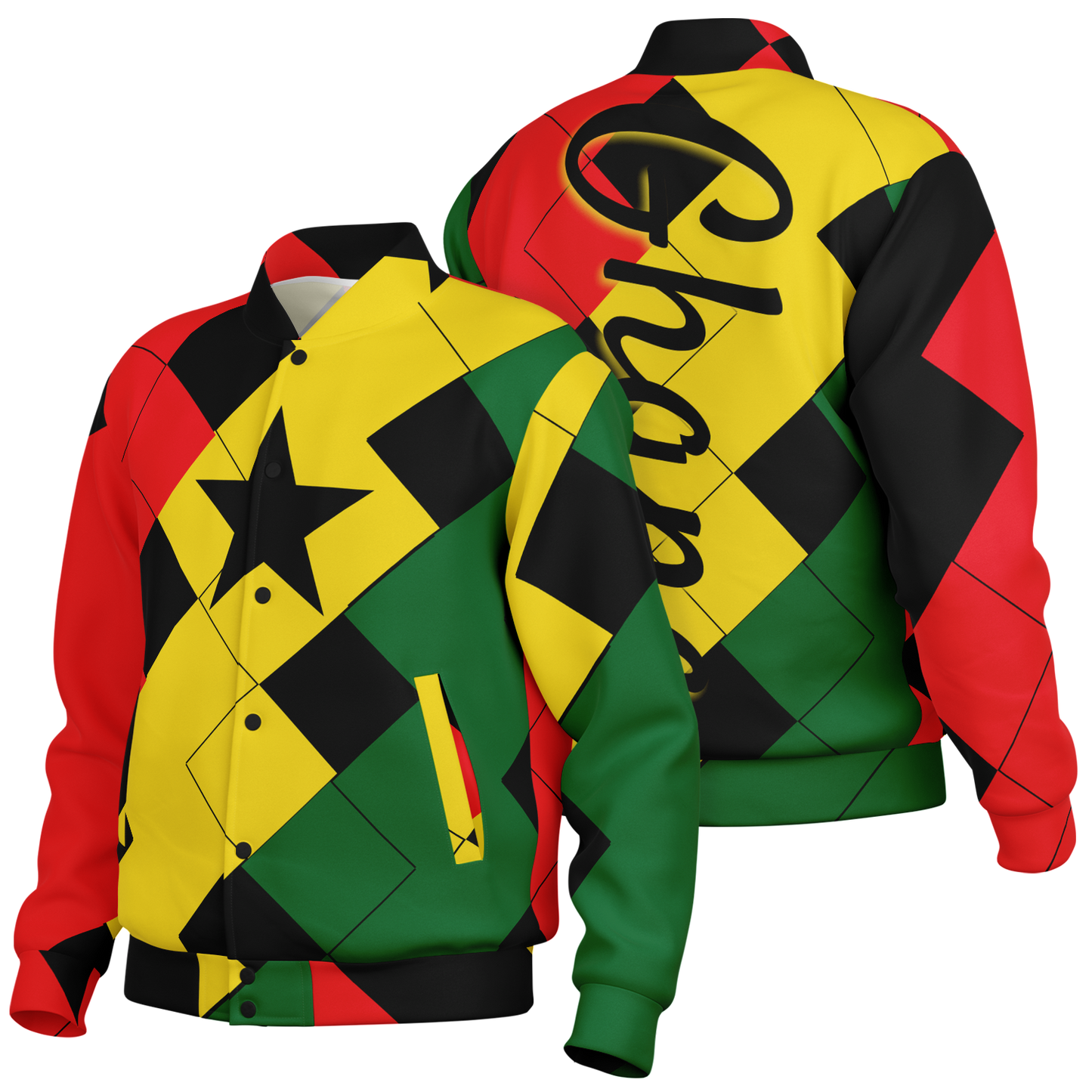 Men's Ghana Flag & Black Star Pattern All-Over Print Baseball Jacket