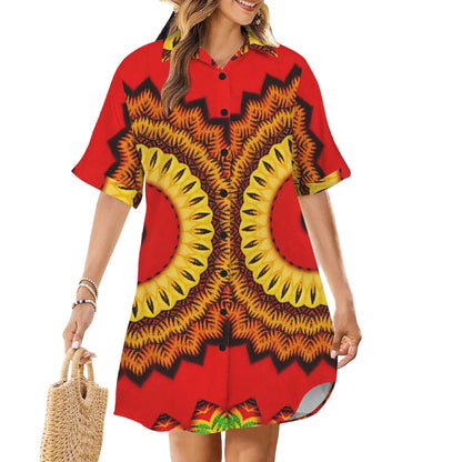 Women's Red Tribal Kaleidoscope Pattern All Over Print Short Sleeve Button Front Shirt Dress