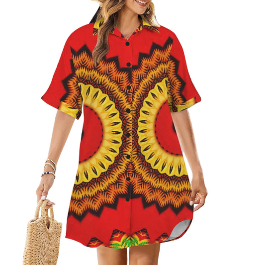 Women's Red Tribal Kaleidoscope Pattern All Over Print Short Sleeve Button Front Shirt Dress