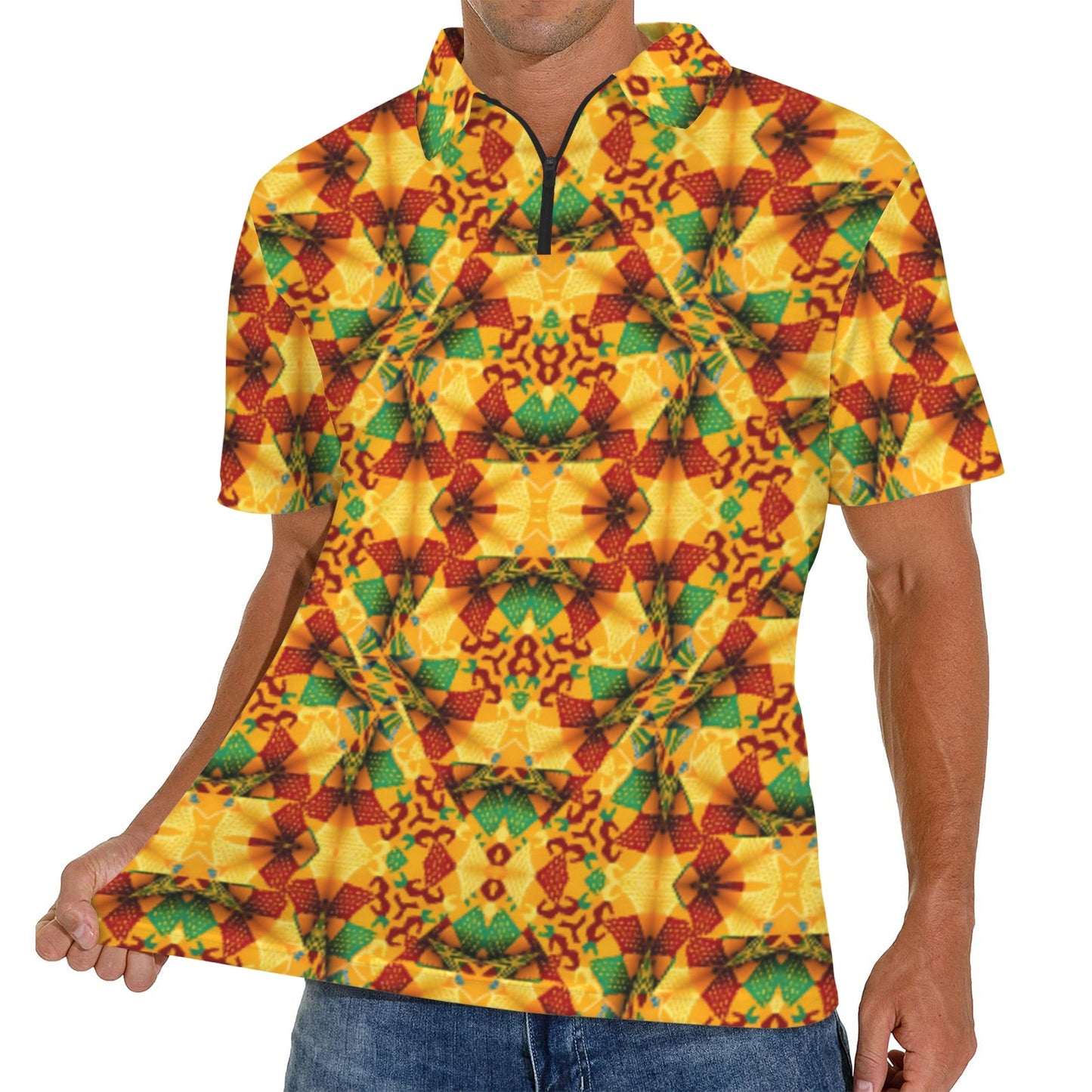 Men's Vibrant African Kente Geometric Pattern All Over Print Zipper Polo Shirt.