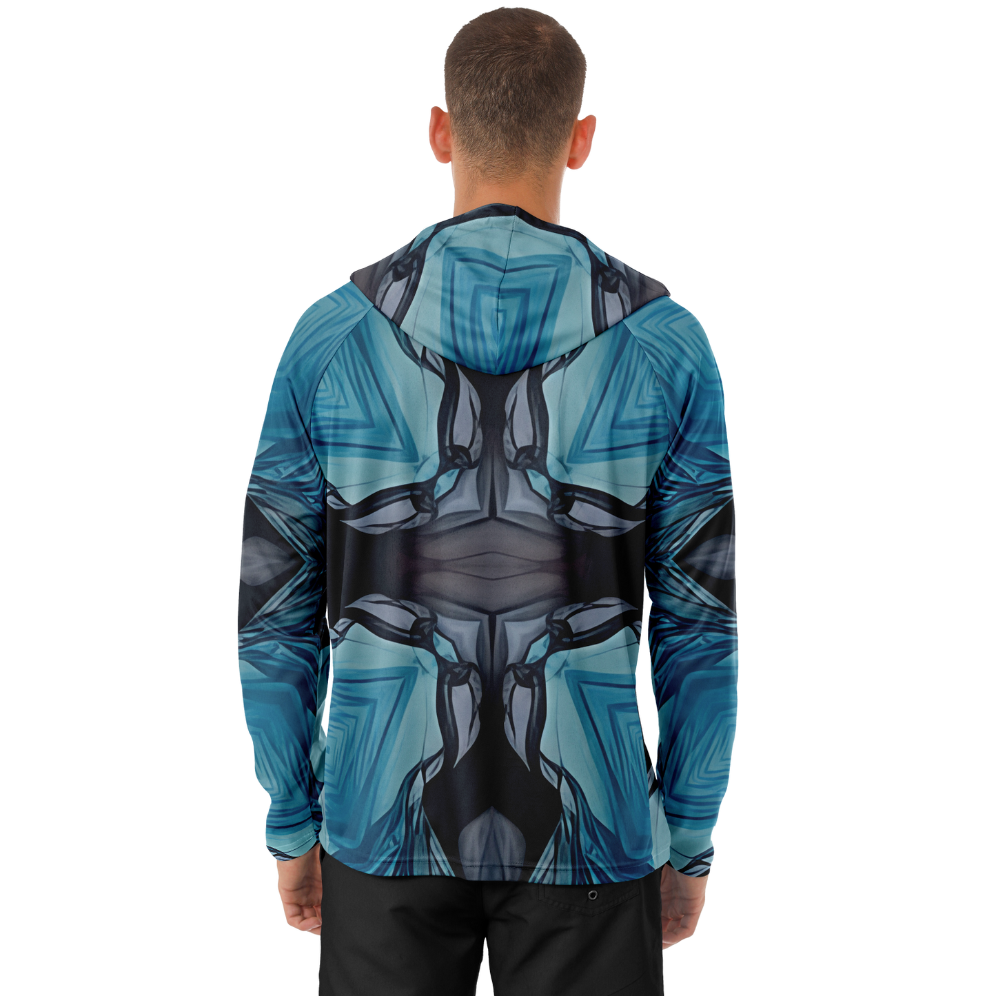 Men's Abstract Blue Geometric Design All Over Print Long Sleeve Hooded Performance Shirt