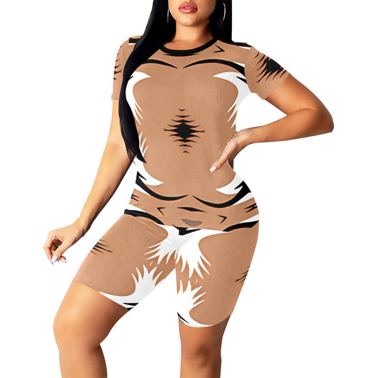 Women's Brown Tribal Wave Pattern All-Over Print Short Yoga Set