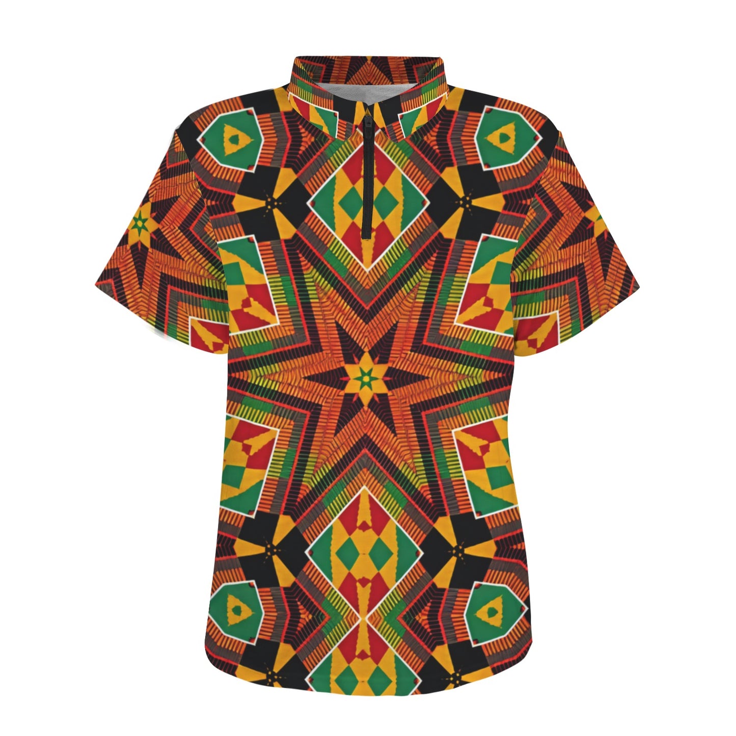 Women's African Kente Geometric Star Pattern All-Over Print Zipper Polo Shirt