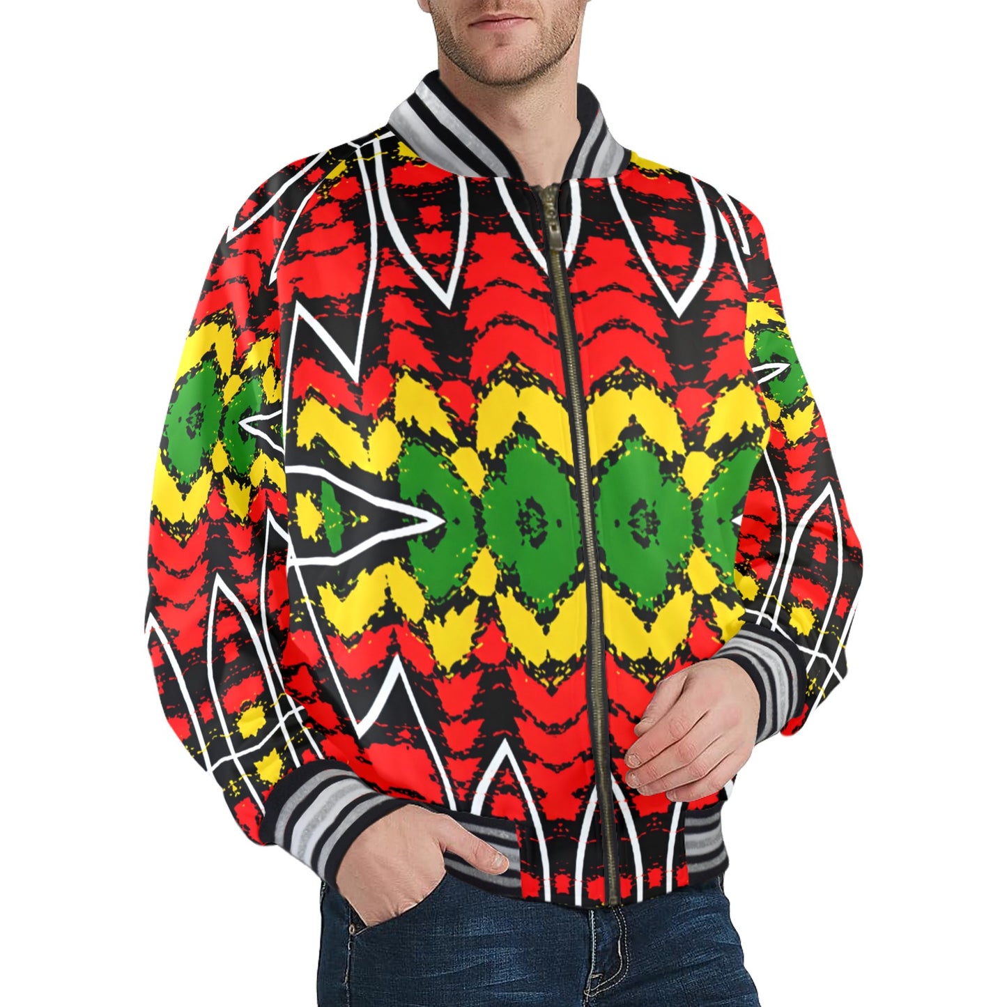 Men's Bold Red Yellow Green Rasta Pattern All Over print  Striped Trim Bomber Jacket