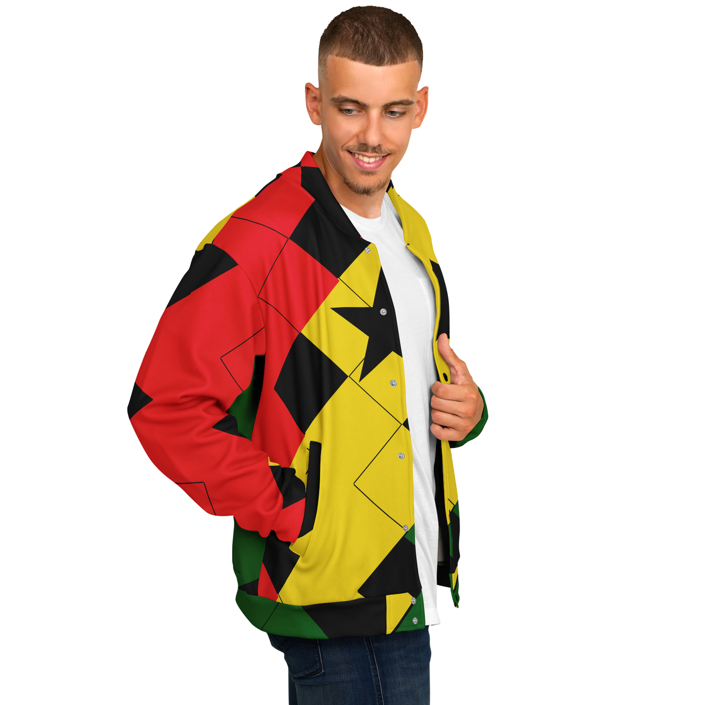 Men's Ghana Flag & Black Star Pattern All-Over Print Baseball Jacket