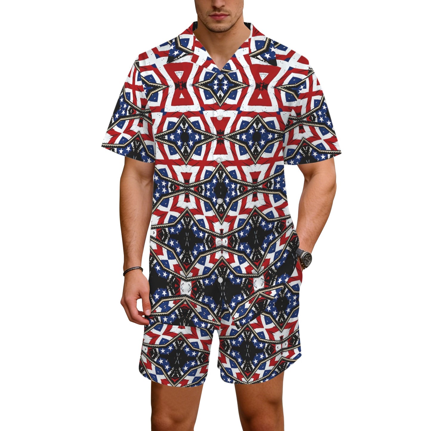 Men's Patriotic Star Kaleidoscope Pattern All-Over Print Hawaiian Shirt & Shorts Set