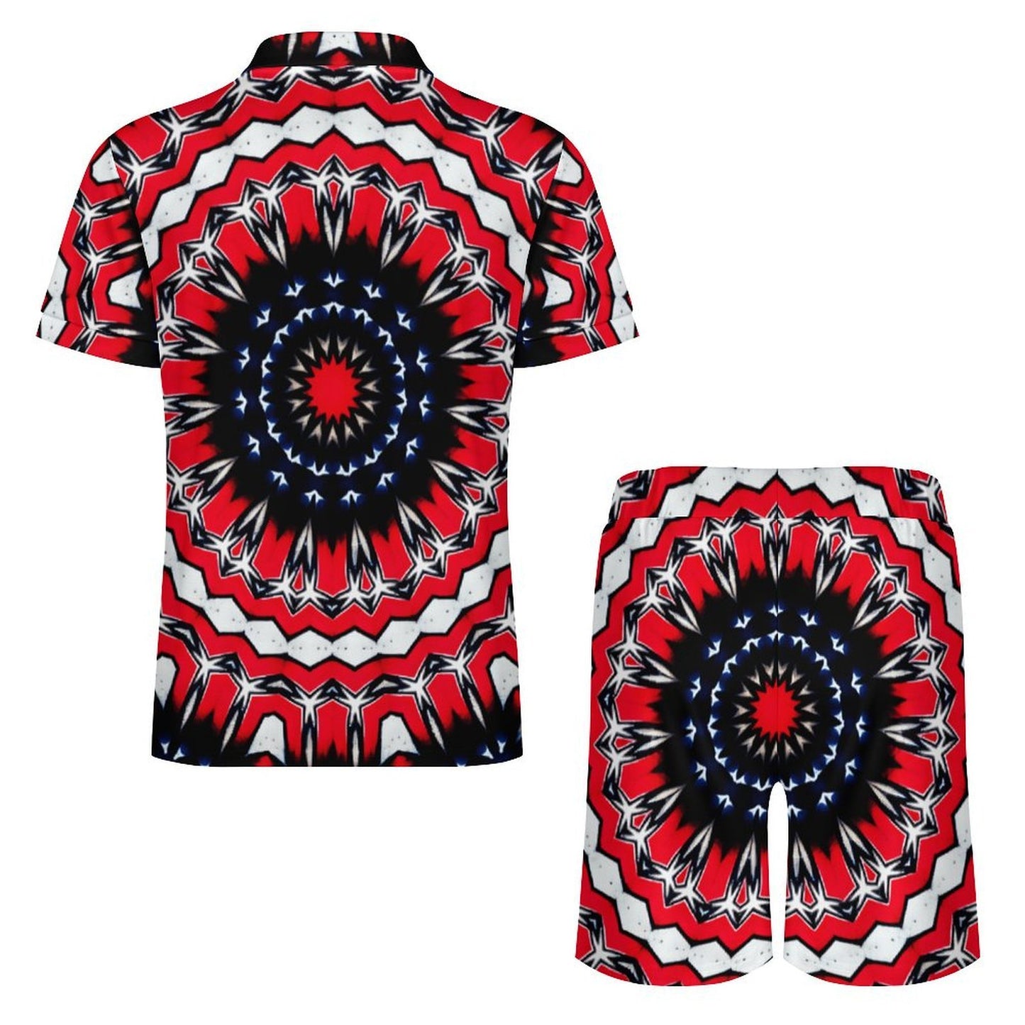Men's Red, Black & White Psychedelic Pattern All-Over Print Shirt Zip-Up Polo Set