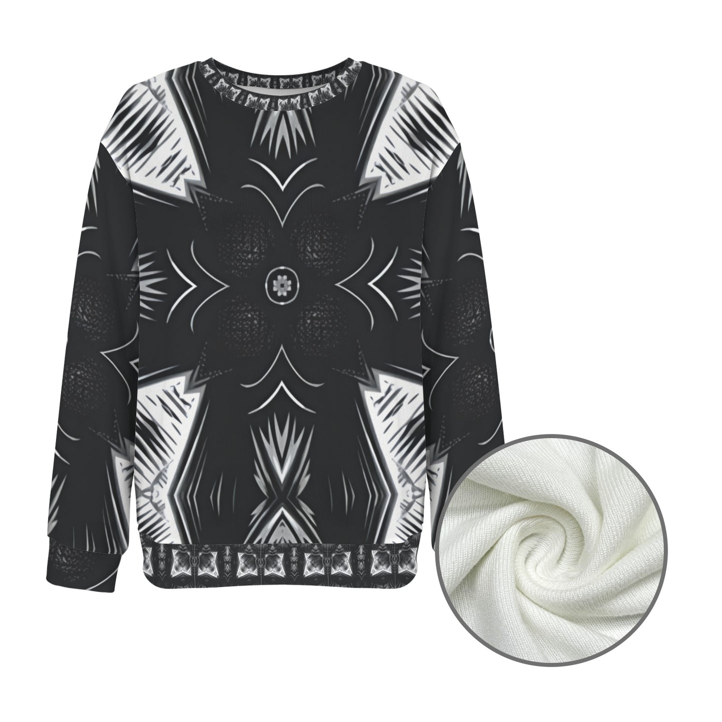 Women's Black & White Kaleidoscope Pattern All Over Print Crew Neck Sweater