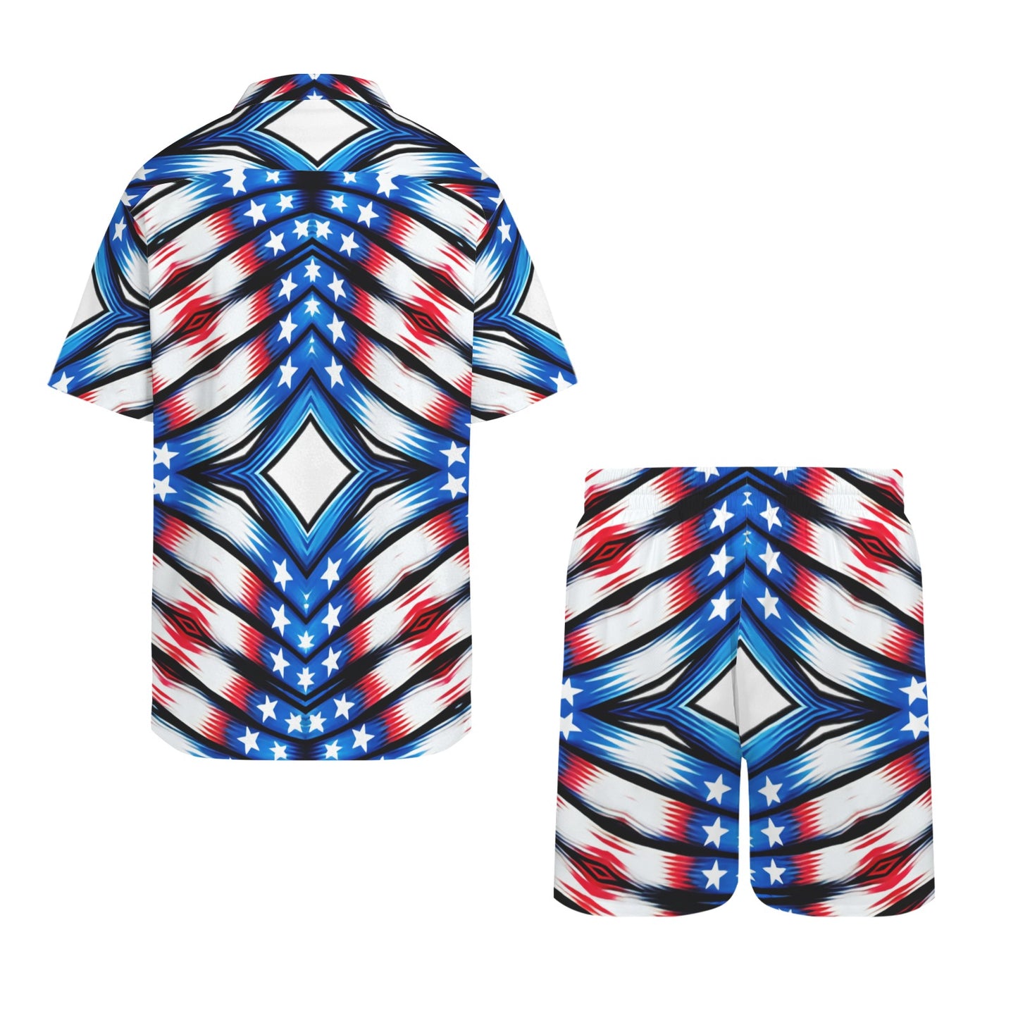 Men's Red White & Blue Geometric Pattern All-Over Print Hawaiian Shirt & Shorts Set