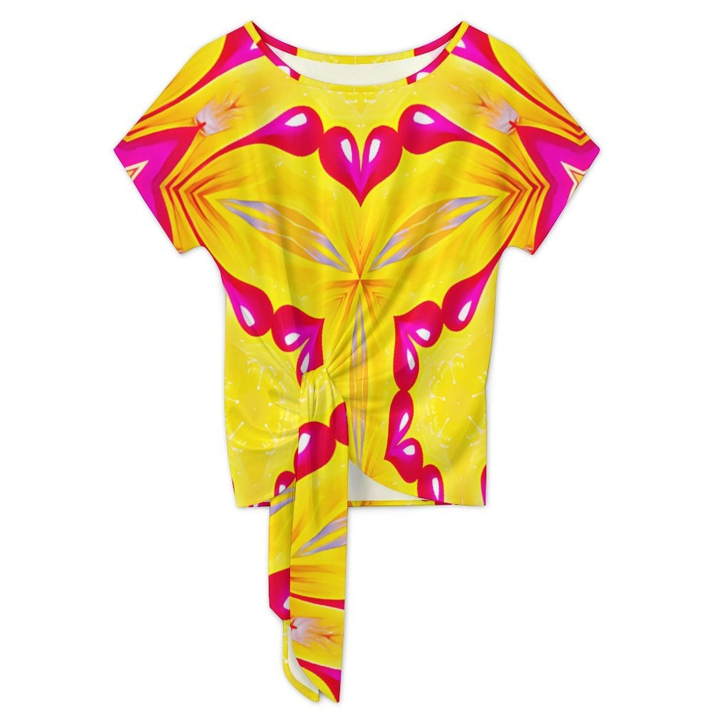 Women's Yellow & Red Heart Pop Pattern All Over Print Side-Tie Short Sleeve Top & Wide-Leg Pants Set