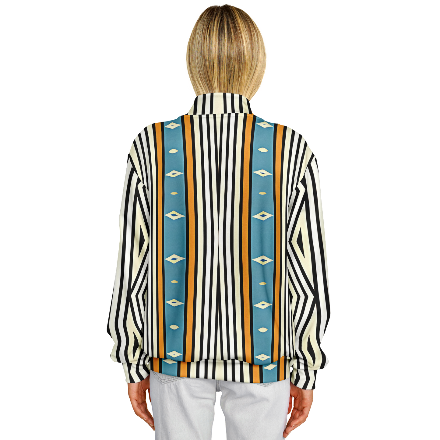 Women's Striped Retro Blue & Orange Patten All Over Print Baseball Jacket