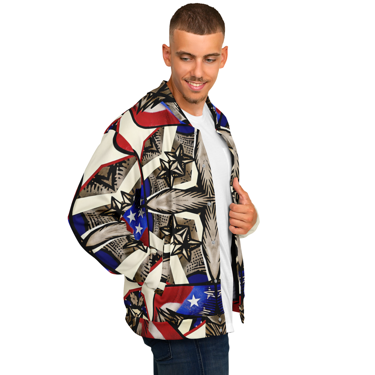 Men's Patriotic Star Kaleidoscope Pattern All-Over Print Baseball Jacket
