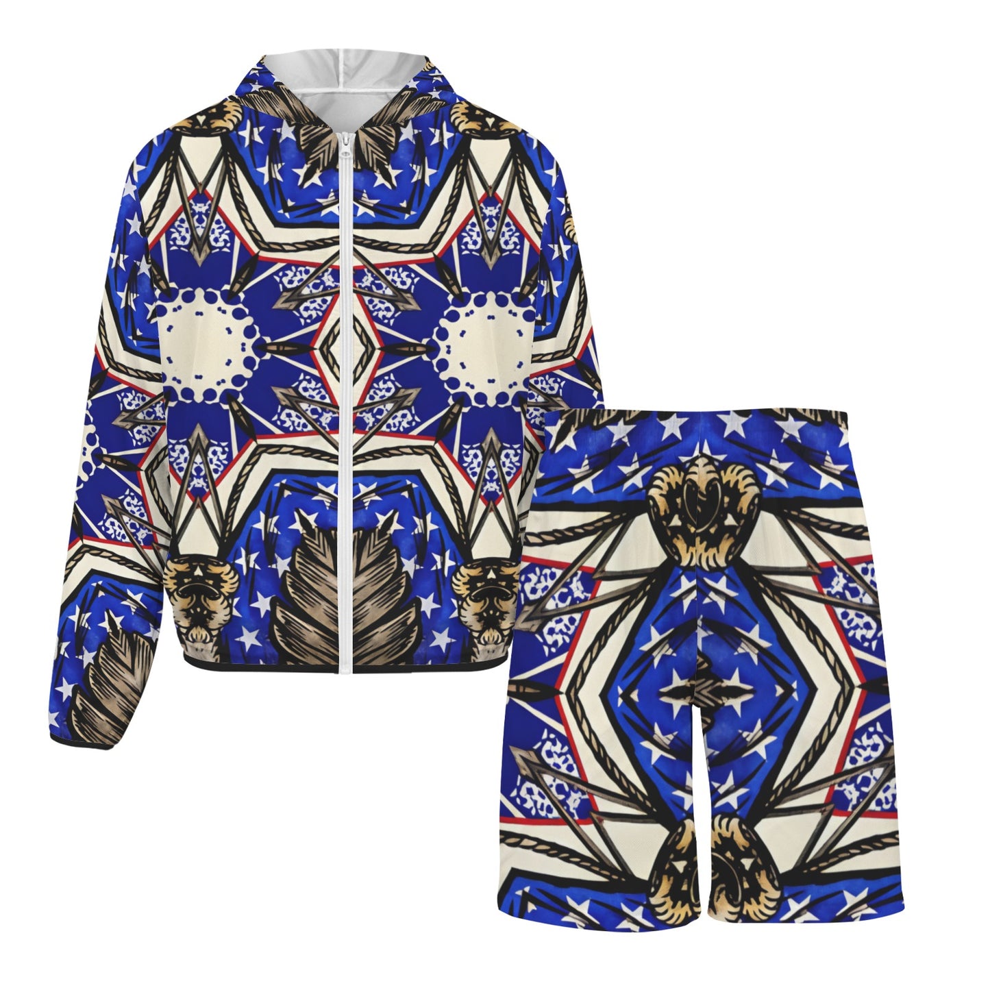 Men's Kaleidoscope Star Pattern All-Over Print Lightweight Sun Hoodie & Shorts Set