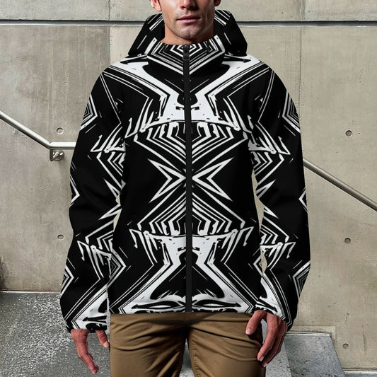 Men's Black & White Geometric Pattern All-Over Print Hooded Windbreaker Jacket