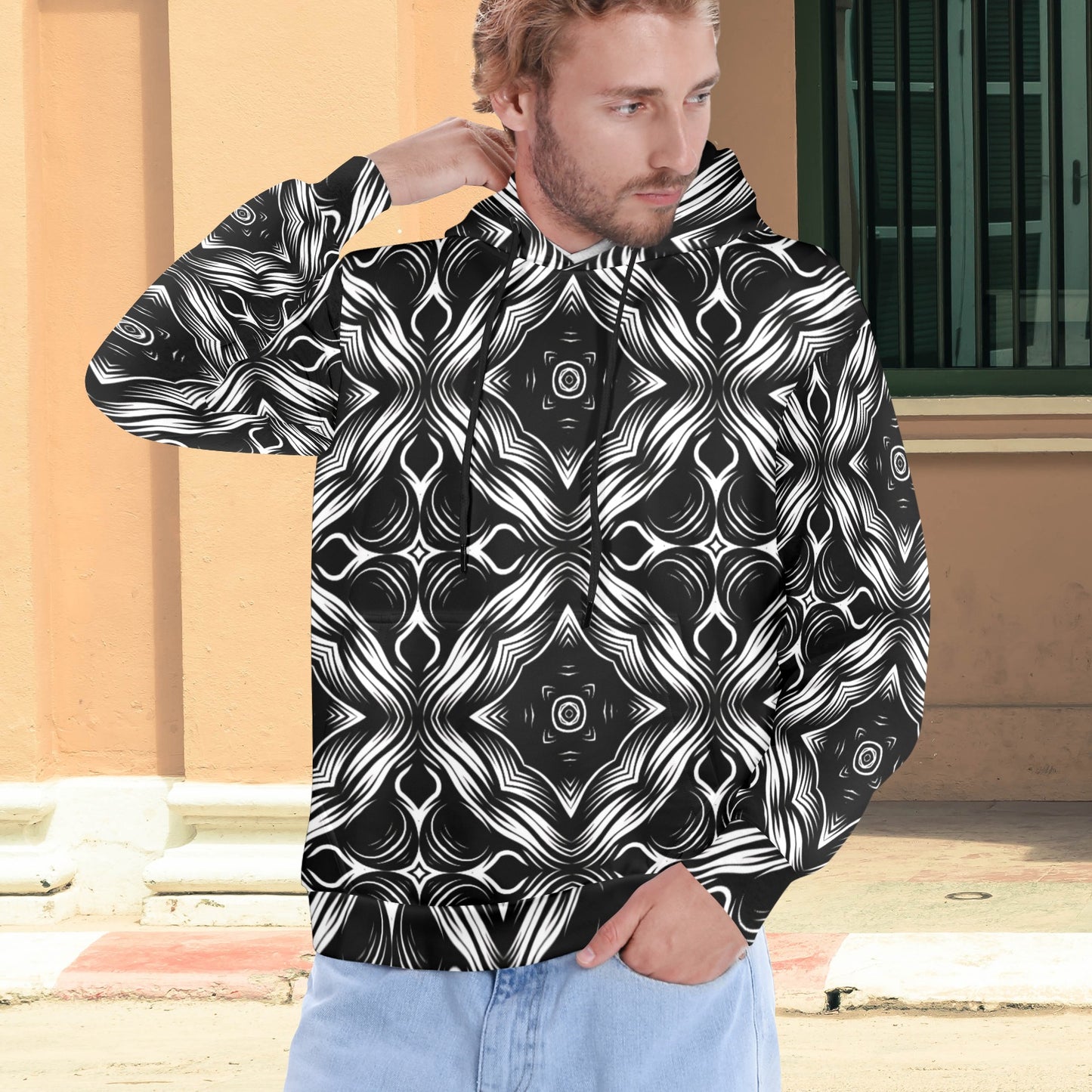 Men's Black & White Geometric Pattern All-Over Print Men's All Over Print Hoodie