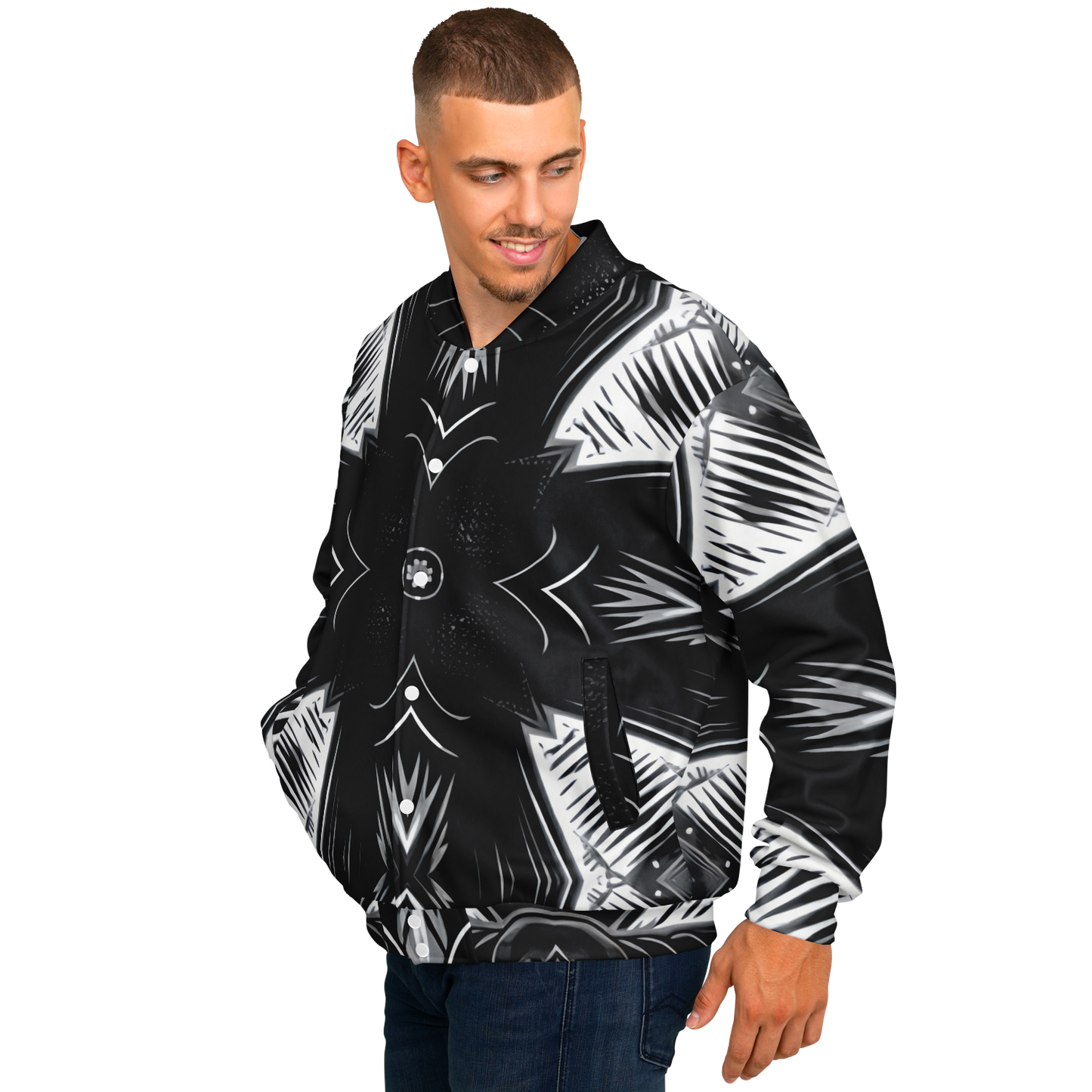 Men's Black & White Geometric Pattern All Over print All Over Print Baseball Jacket
