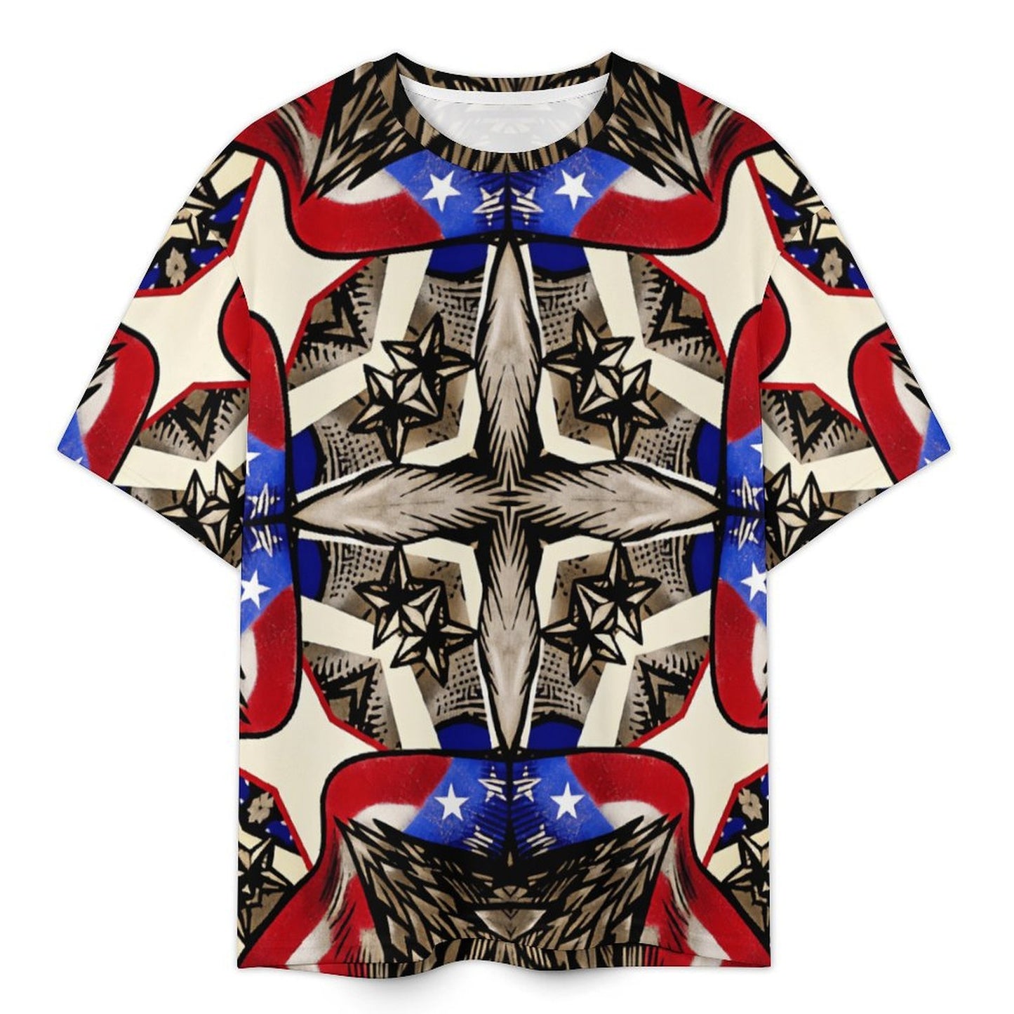 Men's Patriotic Stars & Cross Kaleidoscope Pattern All-Over Print Men's Plus Size Drop Shoulder T-Shirt