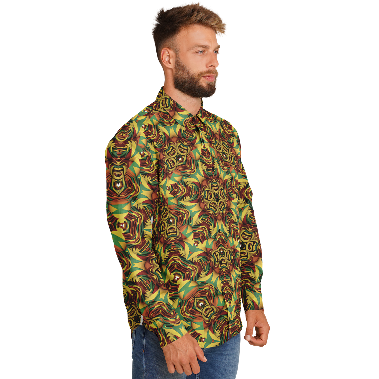Men's Vibrant Geometric Pattern Spread Collar Long Sleeve Button-Down All Over Print Shirt.