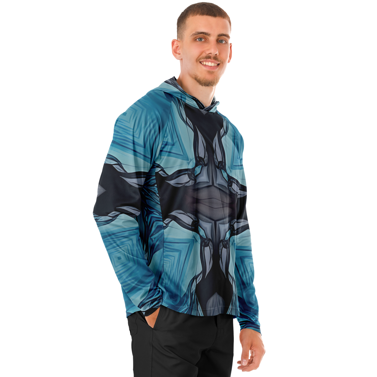 Men's Abstract Blue Geometric Design All Over Print Long Sleeve Hooded Performance Shirt