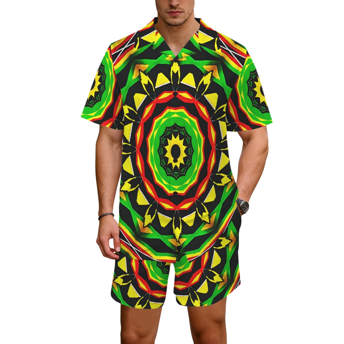 Men's Psychedelic Bold Reggae Colors All Over Print Hawaiian Shirt & Shorts Set