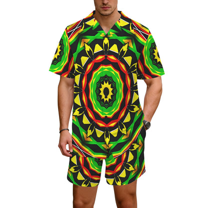 Men's Psychedelic Bold Reggae Colors All Over Print Hawaiian Shirt & Shorts Set