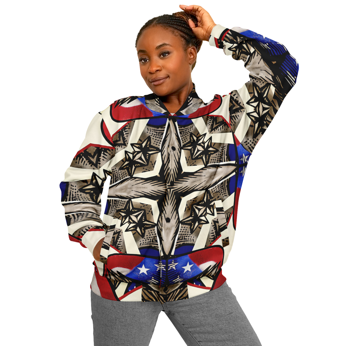 Women's Patriotic Star Kaleidoscope Pattern All-Over Print Baseball Jacket