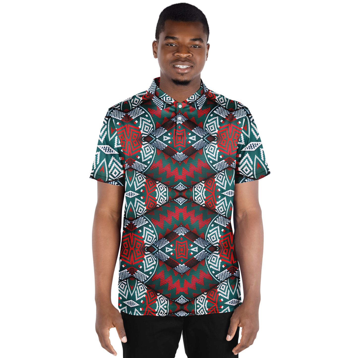 Men's Red, Green & White Teal Aztec Geo Pattern All-Over Print Polo Shirt