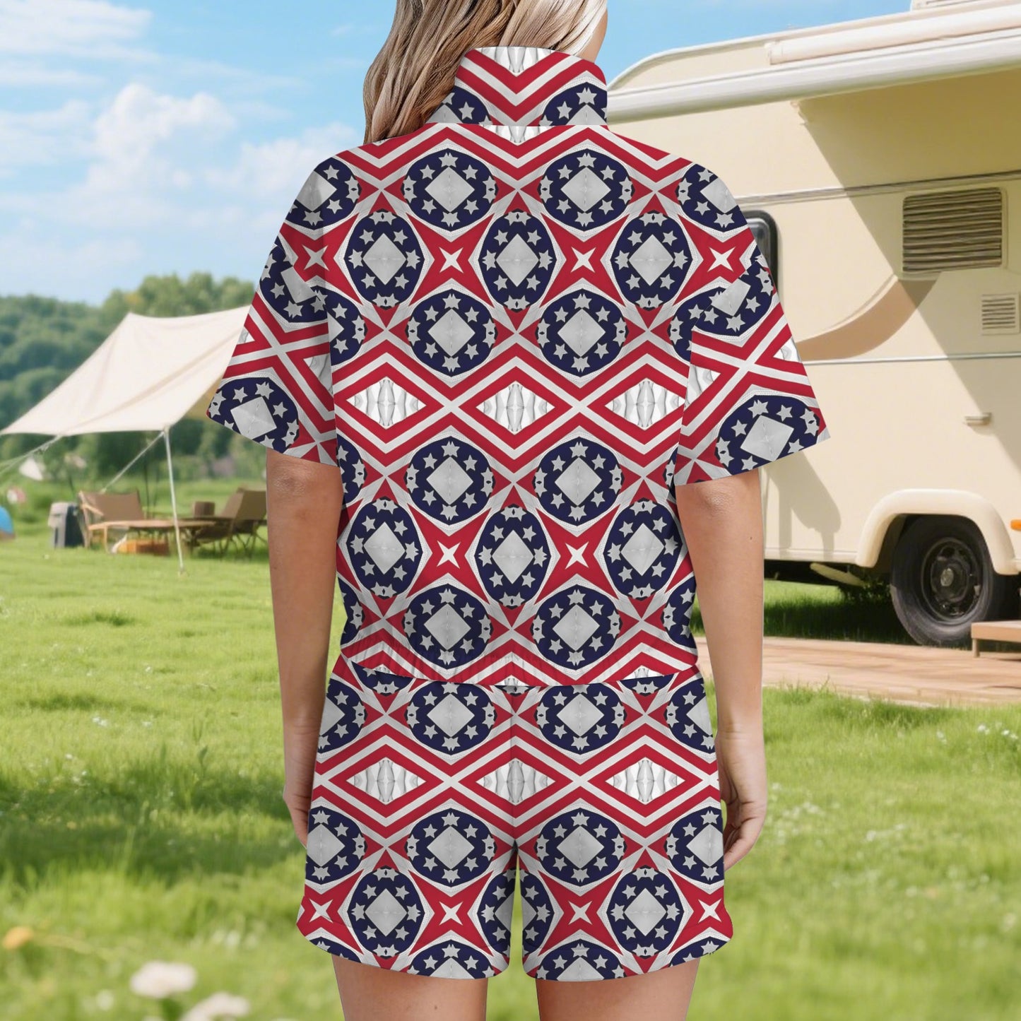 Women's Patriotic Red White Blue Geometric Windbreaker Short Set