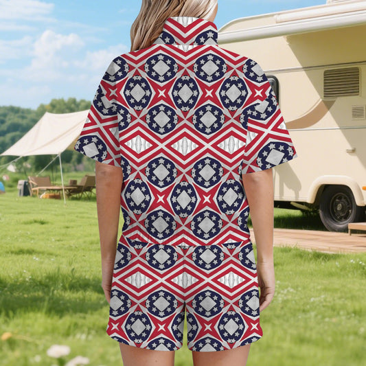 Women's Patriotic Red White Blue Geometric Windbreaker Short Set