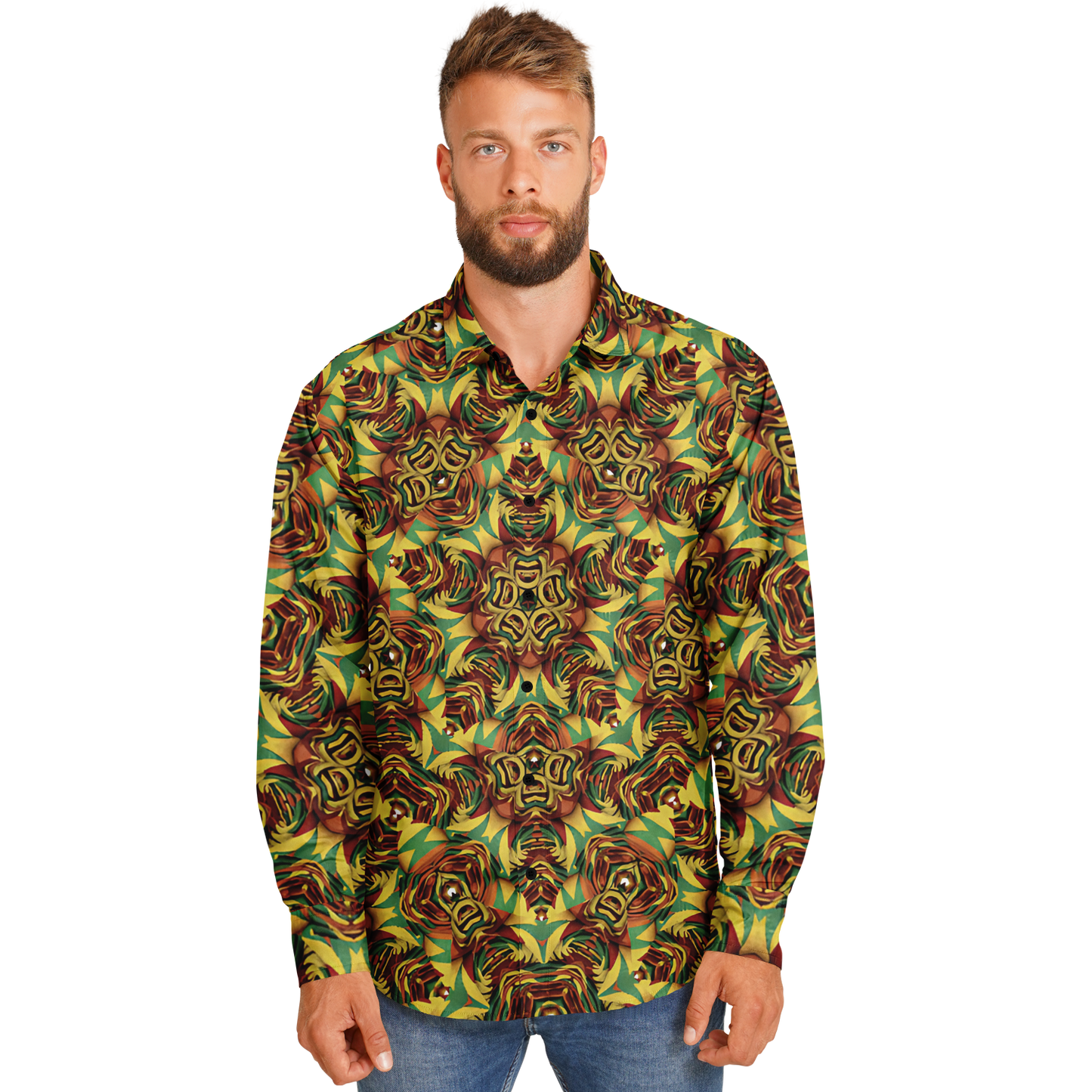 Men's Vibrant Geometric Pattern Spread Collar Long Sleeve Button-Down All Over Print Shirt.