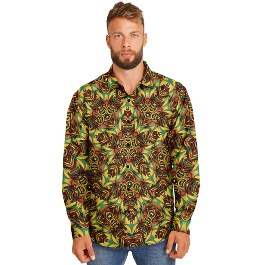 Men's Vibrant Geometric Pattern Spread Collar Long Sleeve Button-Down All Over Print Shirt.