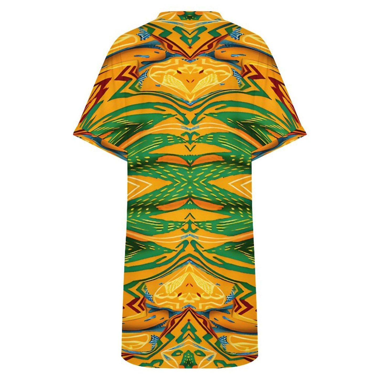 Women's Tropical Kaleidoscope Bold Green & Gold Pattern All-Over Print Casual V-Neck Dress with Rolled Cuffs