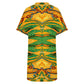 Women's Tropical Kaleidoscope Bold Green & Gold Pattern All-Over Print Casual V-Neck Dress with Rolled Cuffs