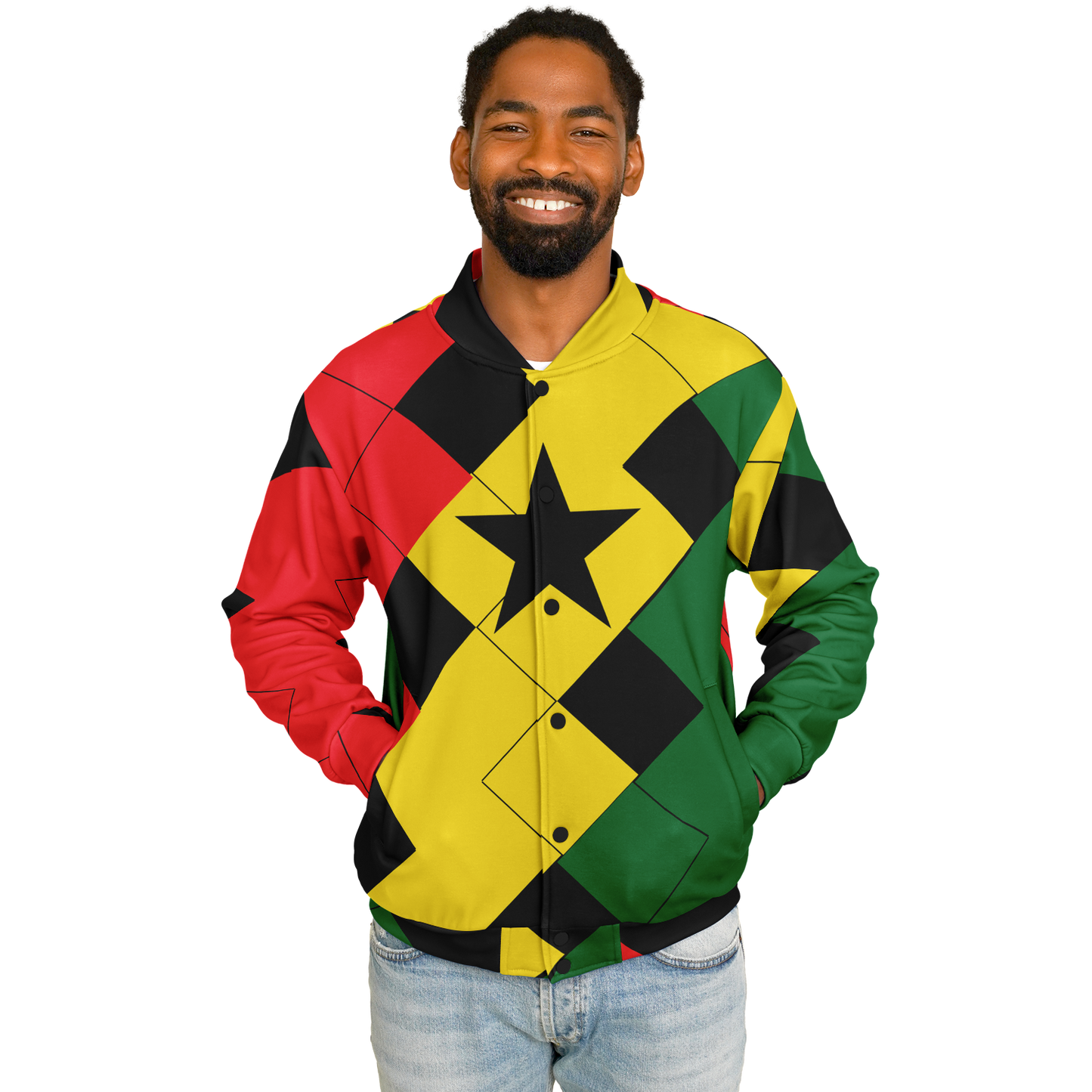 Men's Red Yellow Green and Black Stars Baseball Jacket