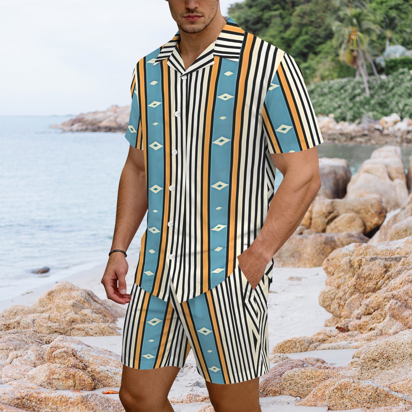 Men's Striped Retro Blue & Orange Patten All Over Print Hawaiian Shirt & Shorts Set