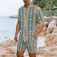 Men's Striped Retro Blue & Orange Patten All Over Print Hawaiian Shirt & Shorts Set