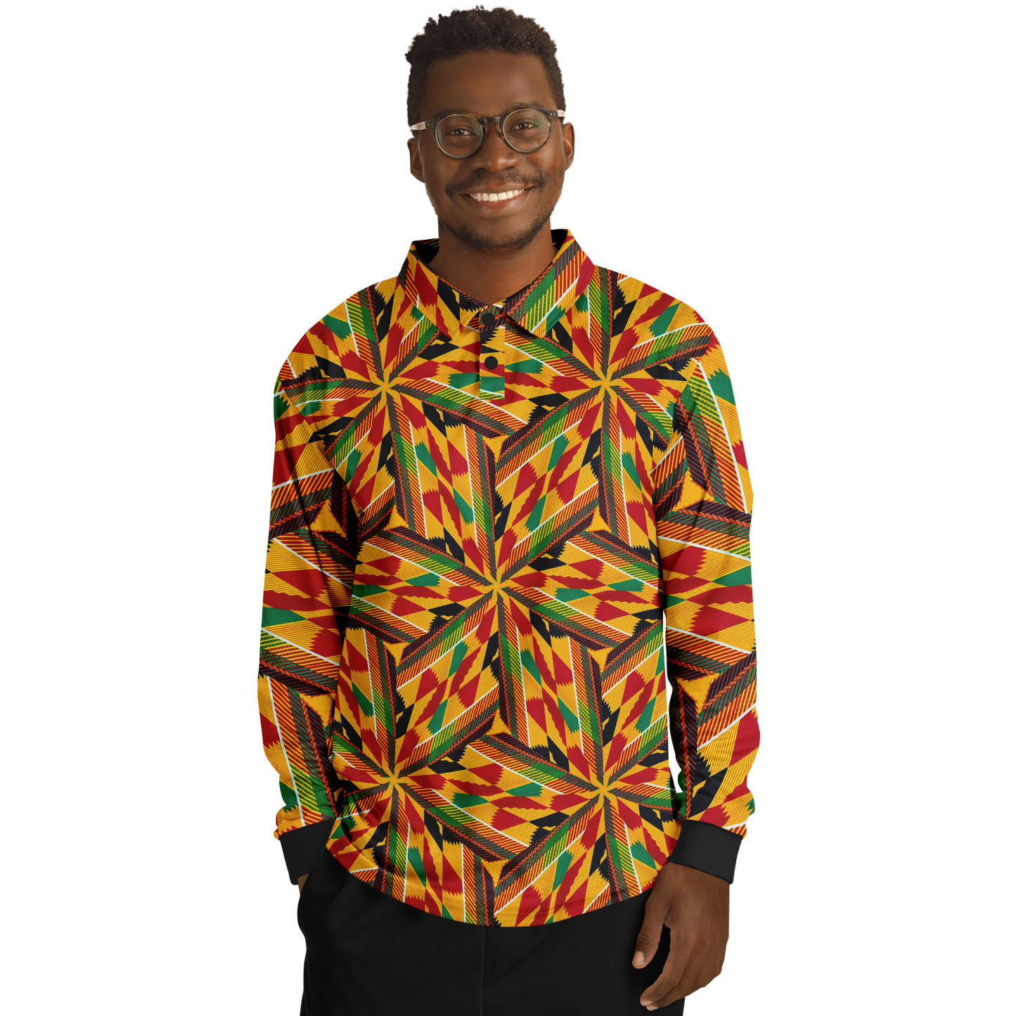 Men’s Vibrant African Kente-Inspired Pattern All-Over Print  Long Sleeve Polo Shirt