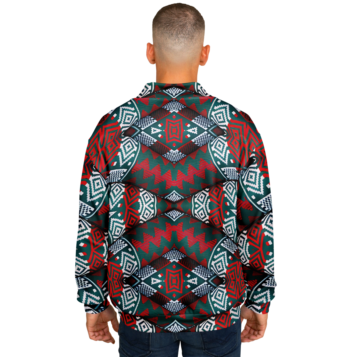 Men's Red, Green & White Teal Aztec Geo Pattern All-Over Print Baseball Jacket