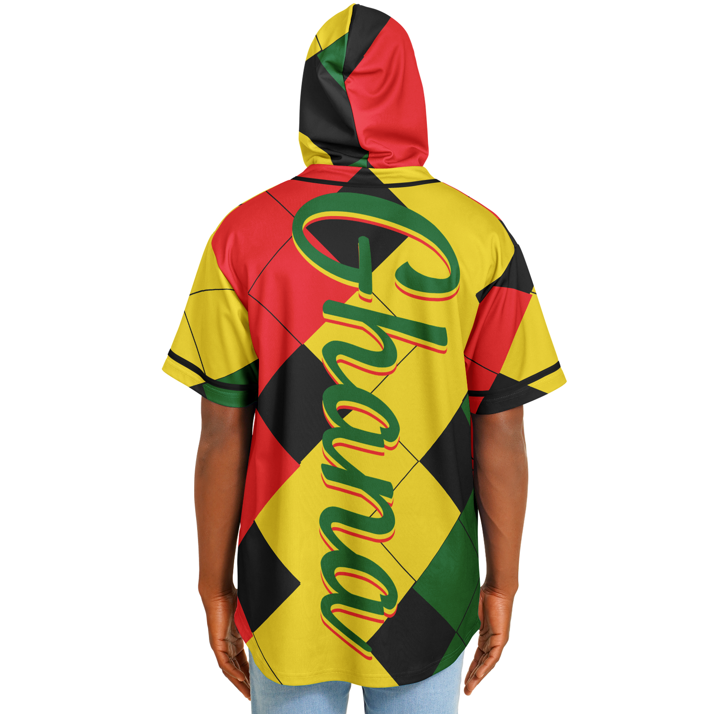Men's Ghana Flag & Black Star Pattern All-Over Print Hooded Baseball Jersey