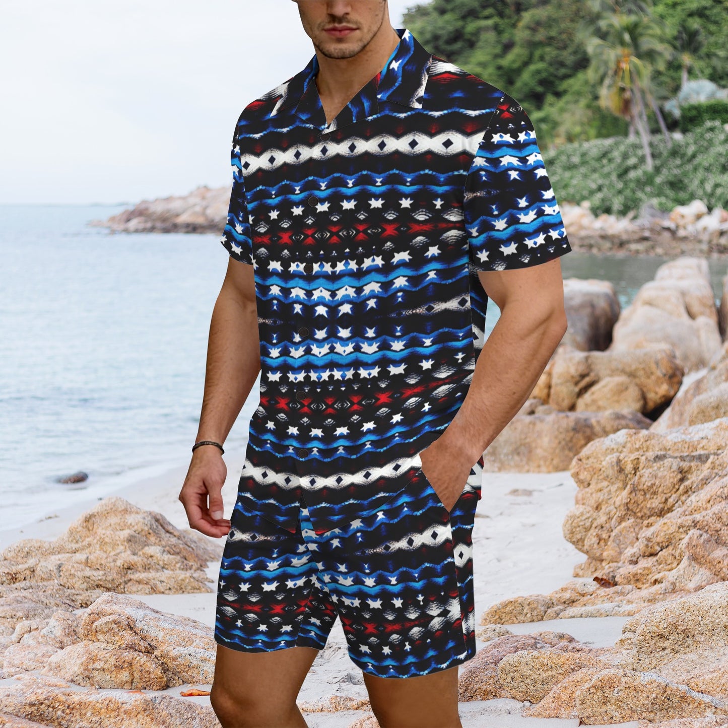 Men's Black Blue & Red Abstract Pattern All Over Print Hawaiian Shirt & Shorts Set