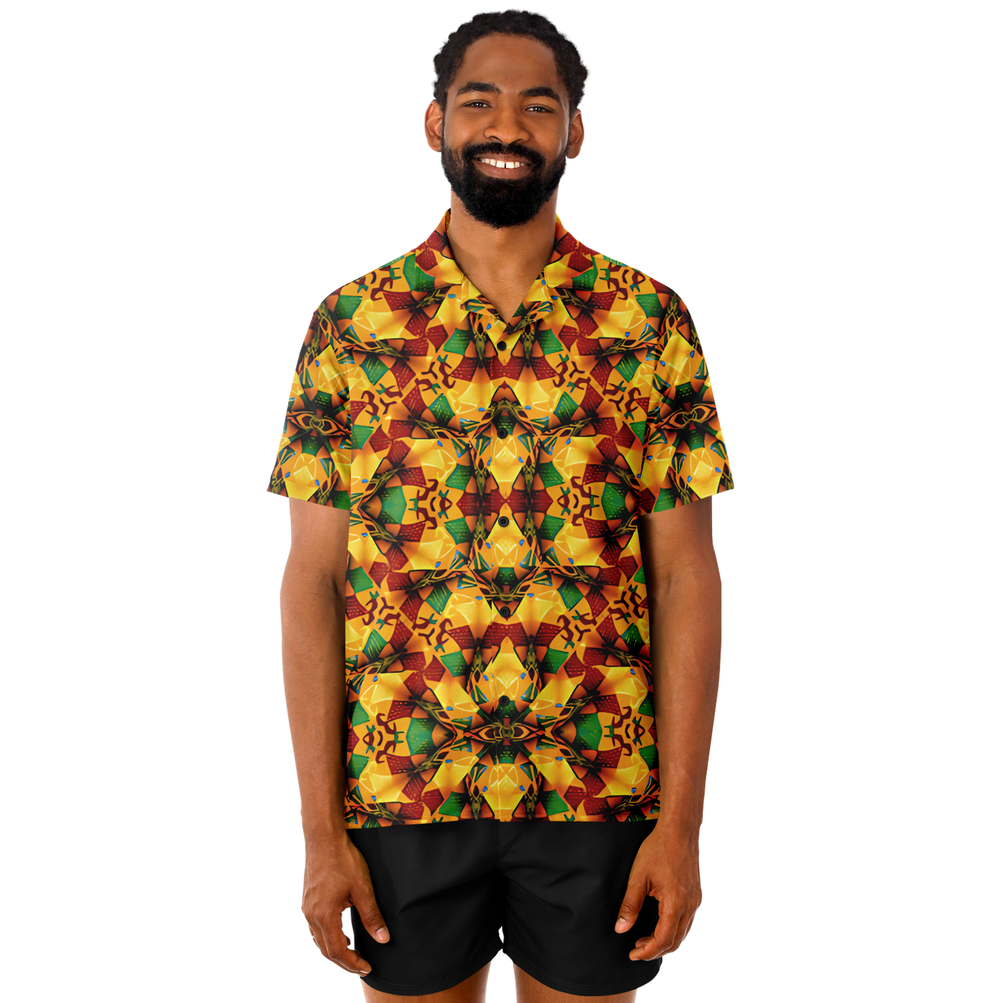 Men's Vibrant Autumn Kaleidoscope Pattern Spread Collar Short Sleeve Button-Down All Over Print Shirt.