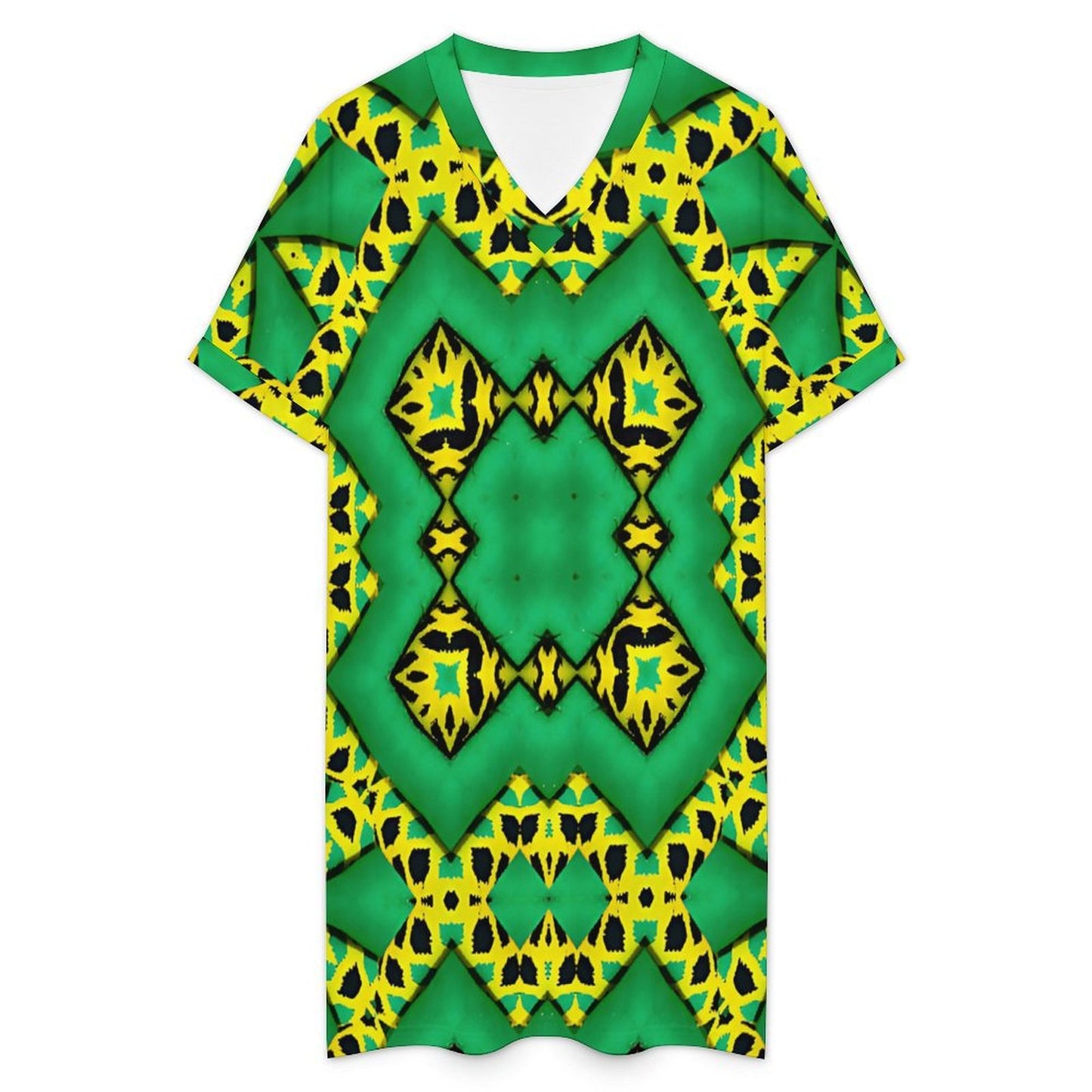 Women's Bold Green Black & Yellow Kaleidoscope Pattern All-Over Print Casual V-Neck Dress with Rolled Cuffs