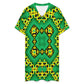 Women's Bold Green Black & Yellow Kaleidoscope Pattern All-Over Print Casual V-Neck Dress with Rolled Cuffs