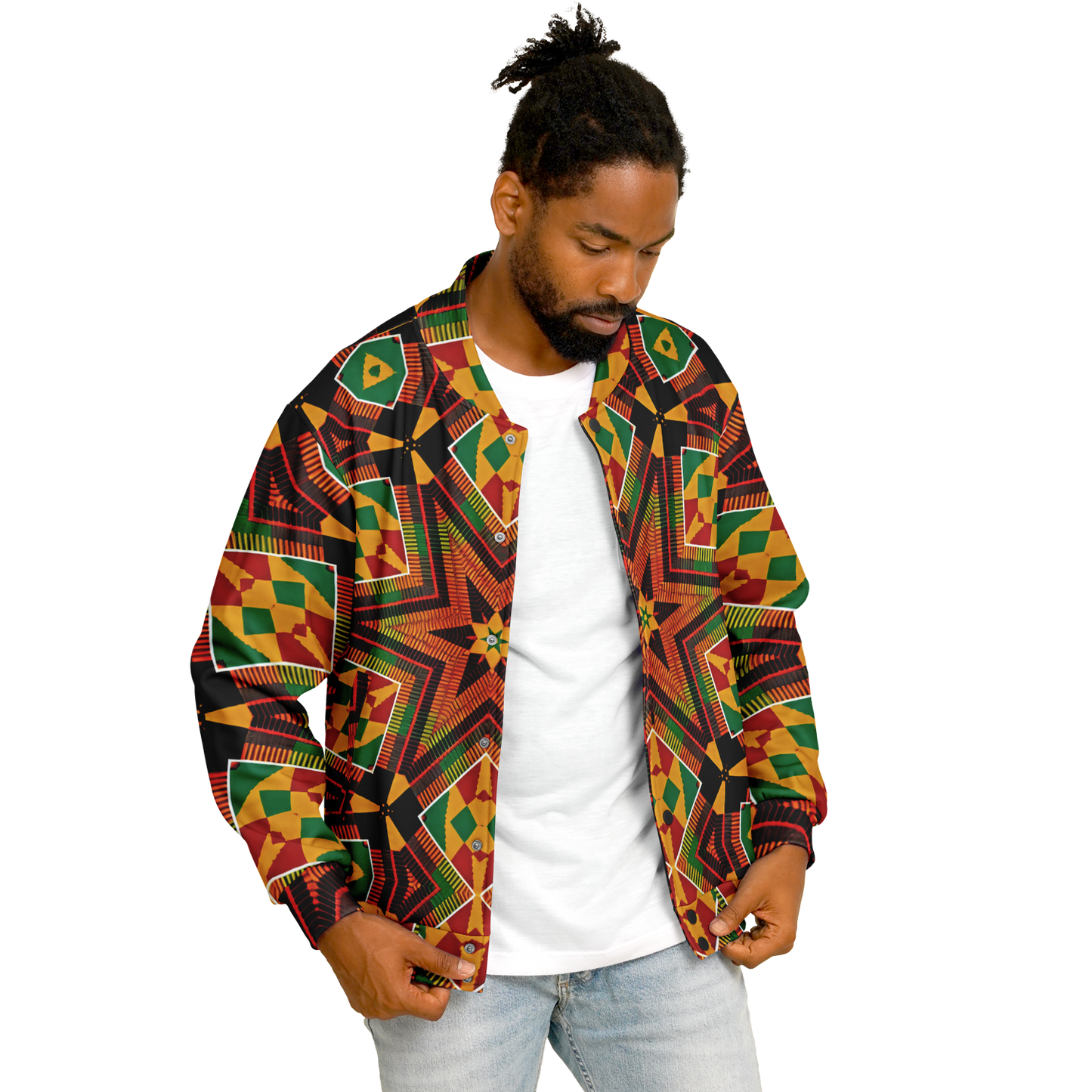 Men's African Kente Geometric Star Pattern All-Over Print Baseball Jacket