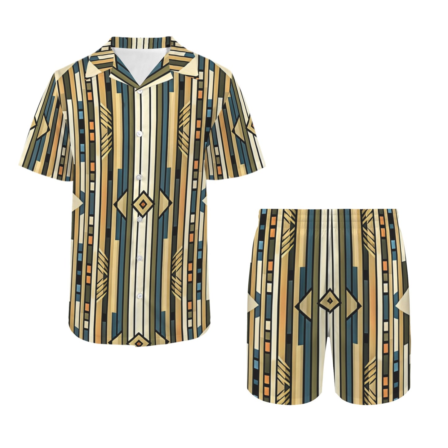 Men's Retro Geometric Tribal Pattern All-Over Print Men's Hawaiian Shirt & Shorts Set