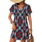 Women's Red, Green & White Teal Aztec Geo Pattern All-Over Print Casual V-Neck Dress with Rolled Cuffs