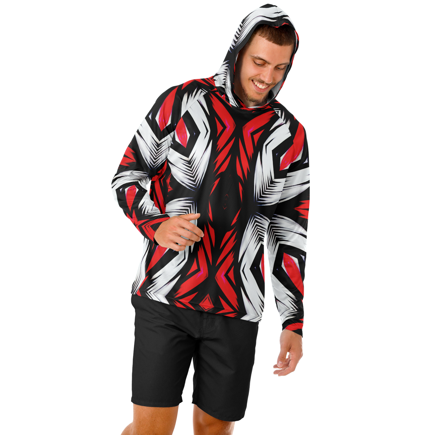 Men's Abstract Red, White & Black Pattern All-Over Print Long Sleeve Hooded Performance Shirt
