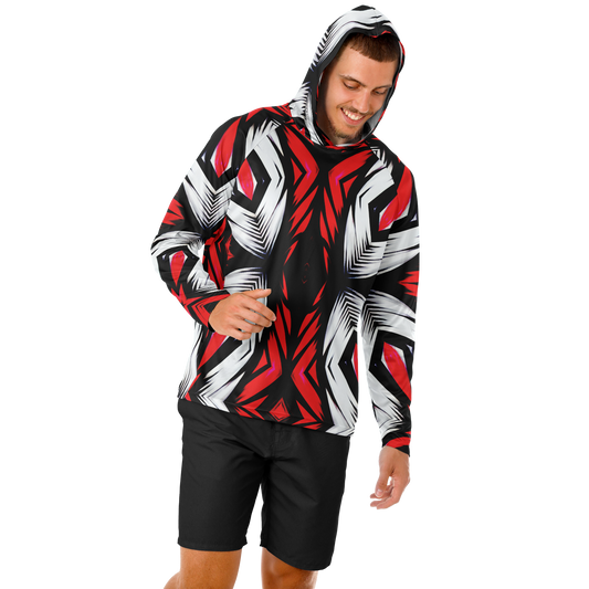 Men's Abstract Red, White & Black Pattern All-Over Print Long Sleeve Hooded Performance Shirt
