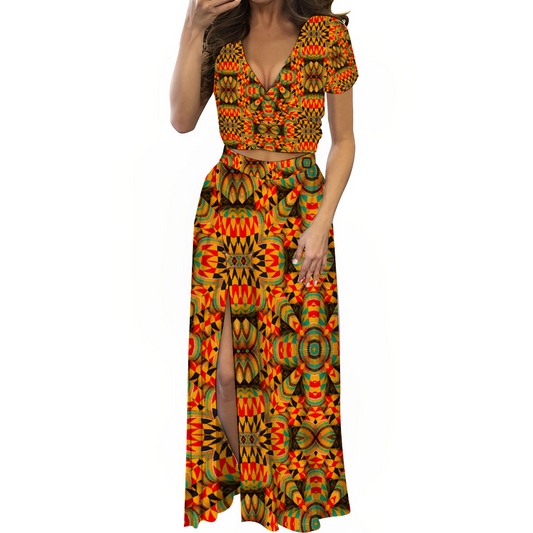 Women's Two Piece Outfit V-Neck Top and Long Skirt Set