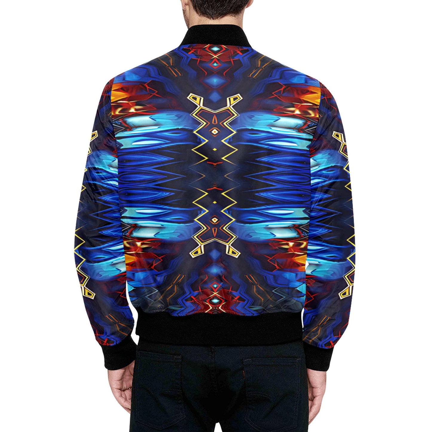 Men's Blue & Red Kaleidoscope Pattern All-Over Print Bomber Jacket
